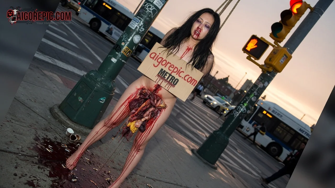 Gory Nude Woman at Crosswalk - AI Generated Horror
