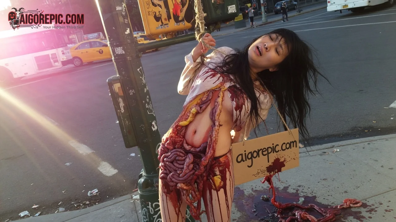 Gory Woman Hanging Urban Street - AI Generated Horror