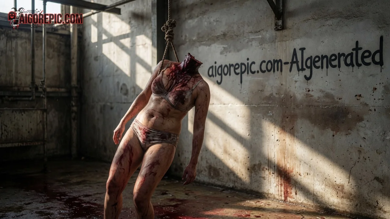 Beheaded Woman Hanging in Warehouse - AI Generated Horror