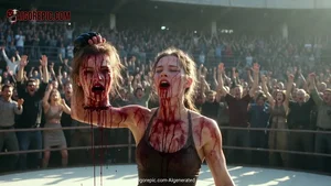Bloodied Woman Holding Severed Head