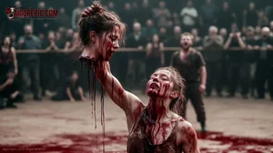 Bloodied Woman Holding Severed Head