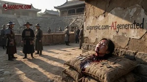 Bloodied Woman in Ancient Courtyard