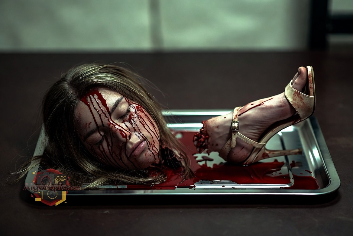 Bloodied Woman on Tray - AI Generated Horror