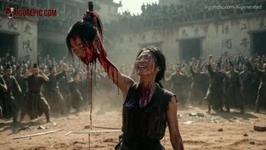 Bloodied Woman Raises Severed Head
