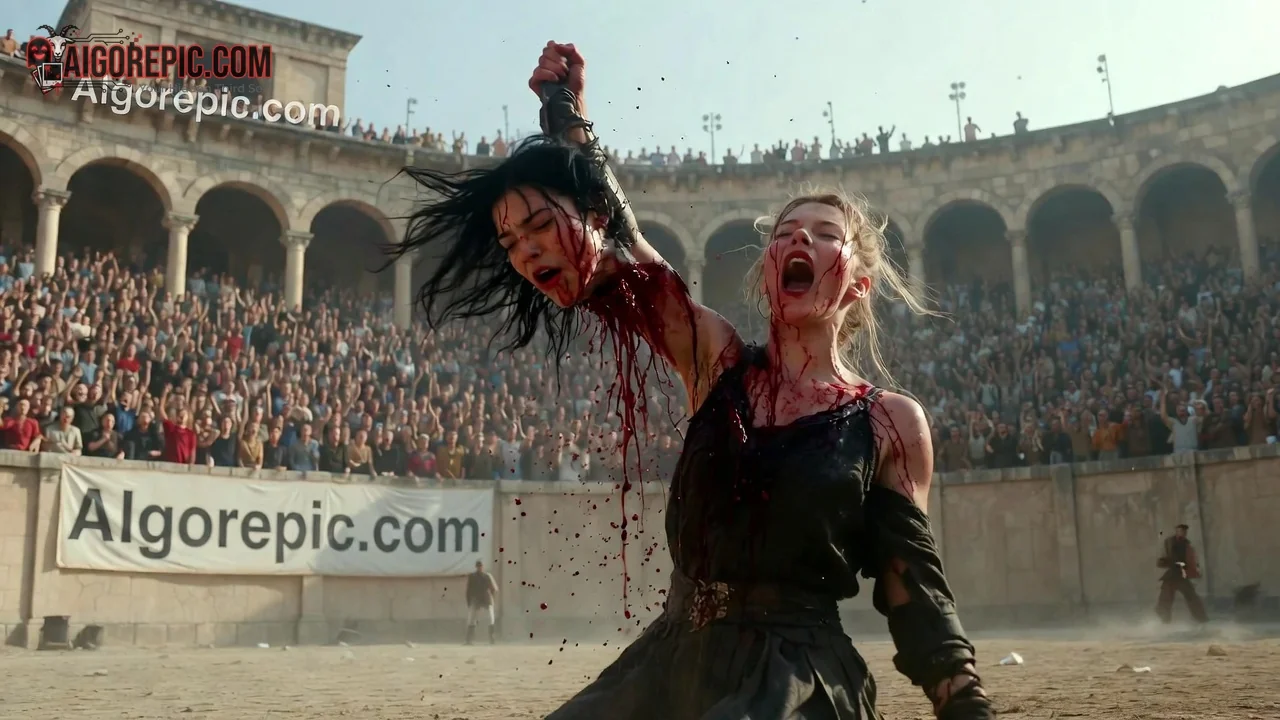 Bloody Gladiator Woman Holds Head - AI Generated Horror