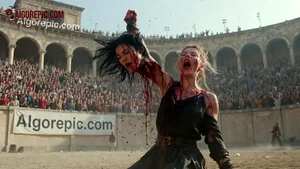 Bloody Gladiator Woman Holds Head