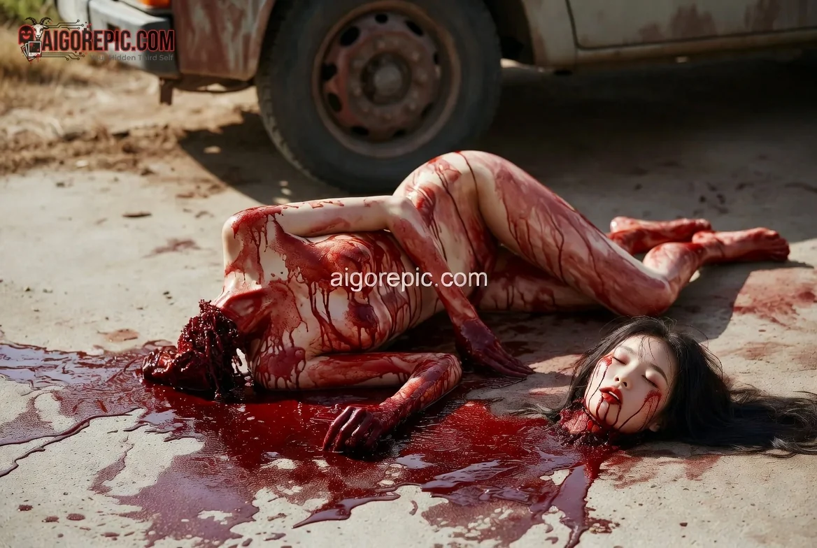 Bloody Woman Beside Rusty Truck - AI Generated Horror