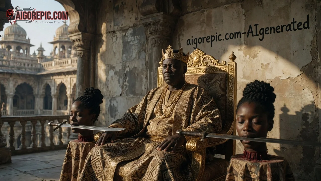 King with Sword-Bearing Attendants - AI Generated Horror