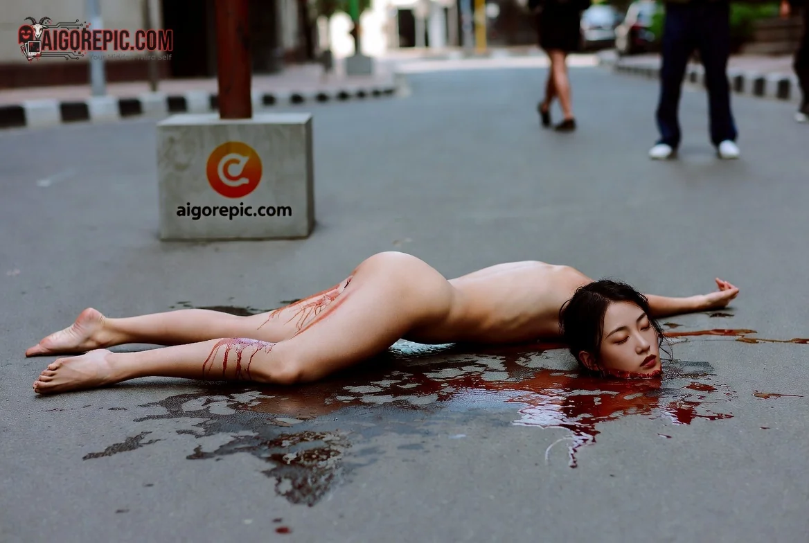 Nude Woman Bleeding on Street - AI Generated Horror