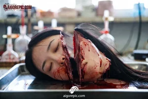 Severed Female Head in Tray