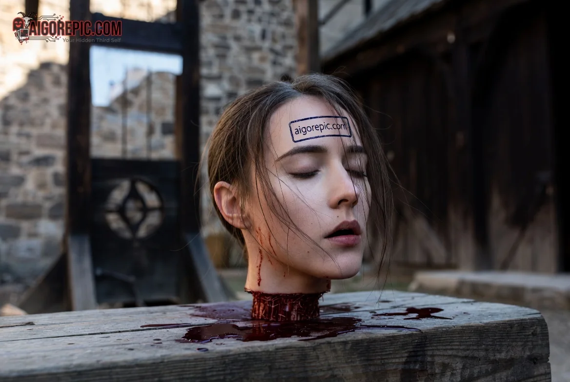 Severed Head on Wooden Block - AI Generated Horror