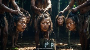 Severed Heads Displayed on Stump