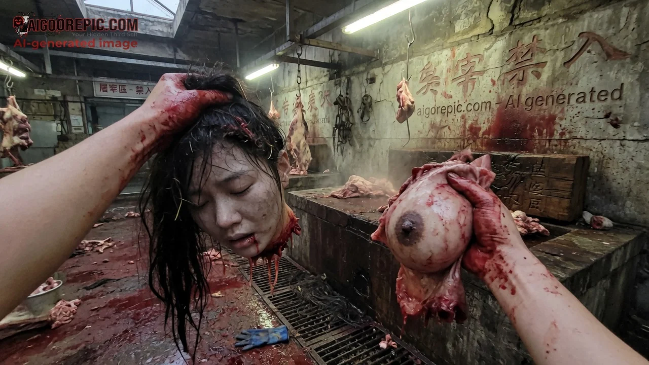 Severed Woman's Head in Slaughterhouse - AI Generated Horror