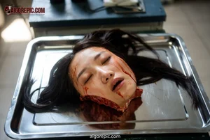 Severed Woman's Head in Tray