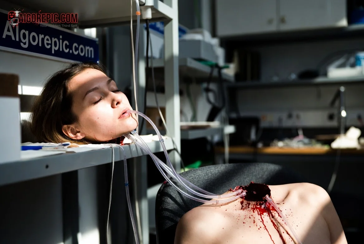 Woman with Chest Tubes in Lab - AI Generated Horror