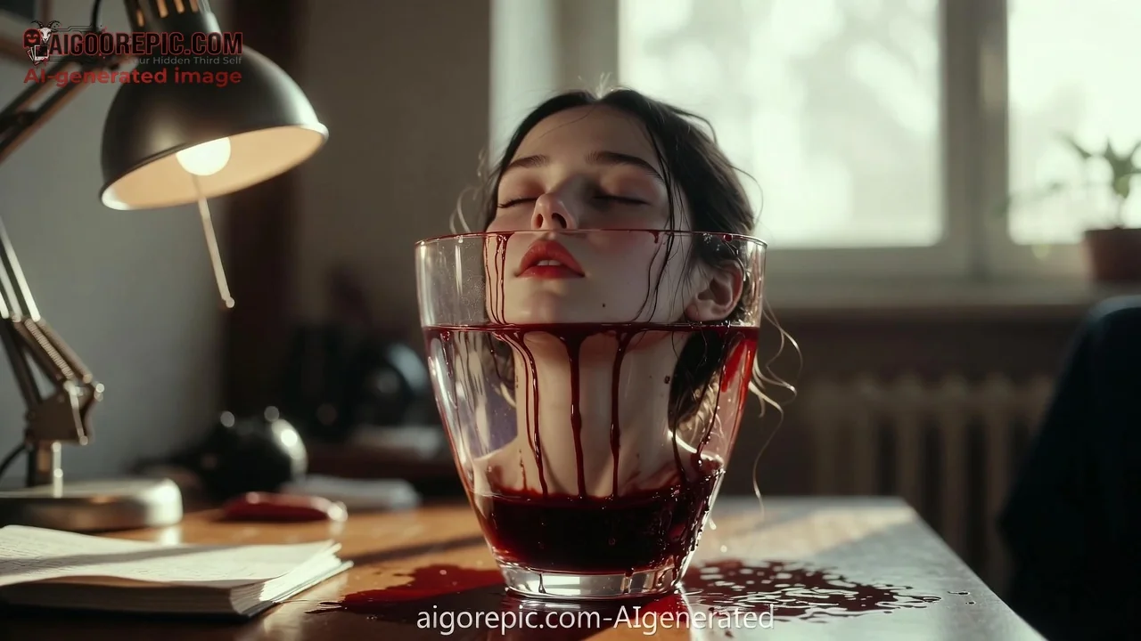 Woman's Head in Blood Bowl - AI Generated Horror