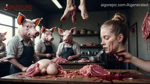 Bloody Butcher Woman with Pig Heads