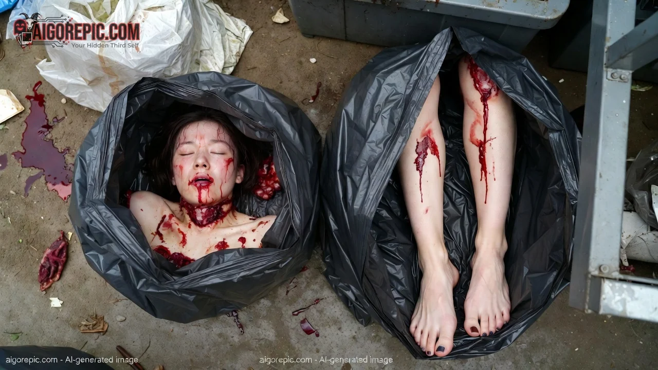 Bloody Corpse in Trash Bags - AI Generated Horror