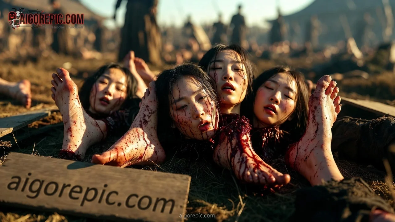 Bloody Entwined Women in Battlefield - AI Generated Horror