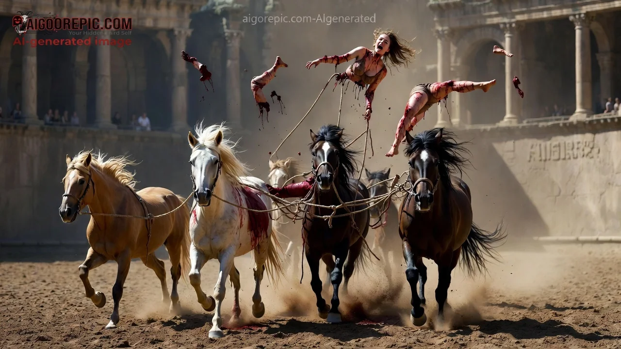 Bloody Horses Drag Dismembered Woman - AI Generated Horror