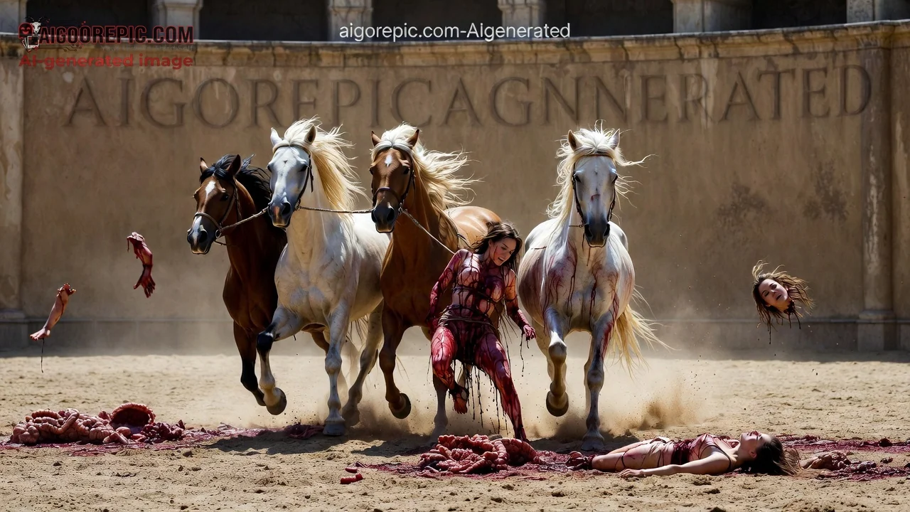 Bloody Horses Dragging Dismembered Women - AI Generated Horror
