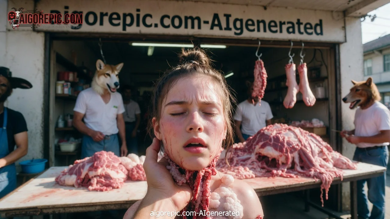Bloody Woman at Meat Market - AI Generated Horror