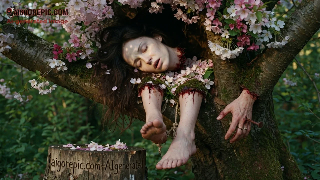 Bloody Woman in Cherry Tree - AI Generated Horror