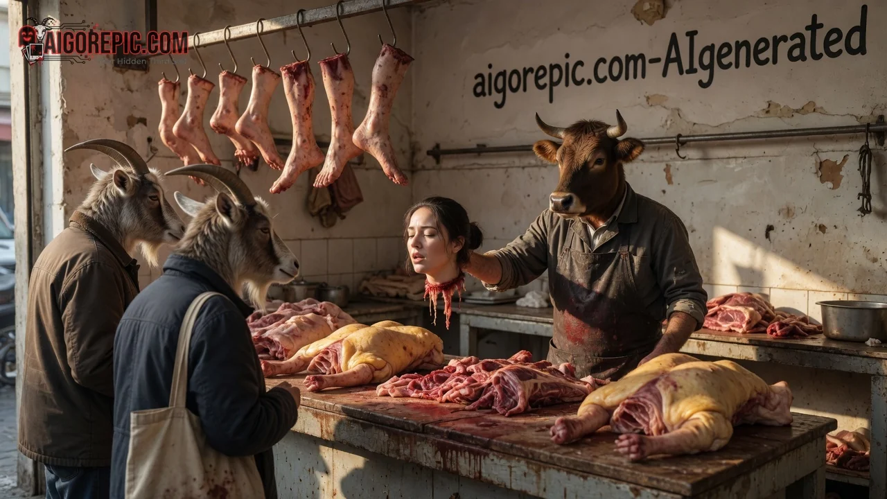 Butcher Shop with Animal-Headed Figures - AI Generated Horror
