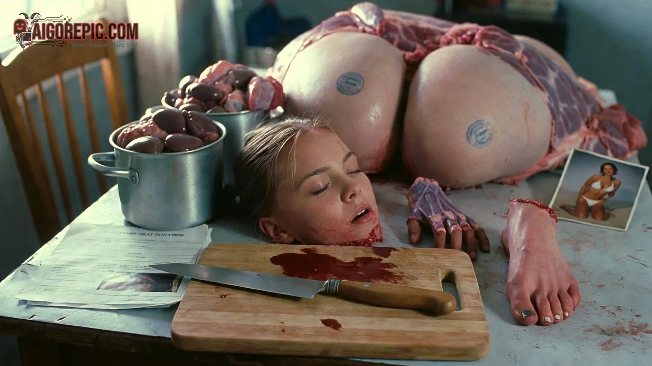 Dismembered Woman on Butcher Table - AI Generated Horror