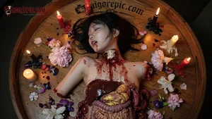 Gore Eviscerated Woman in Barrel