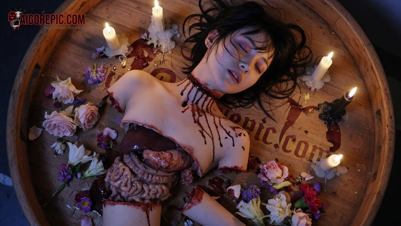 Gory Woman in Candlelit Barrel - AI Generated Horror