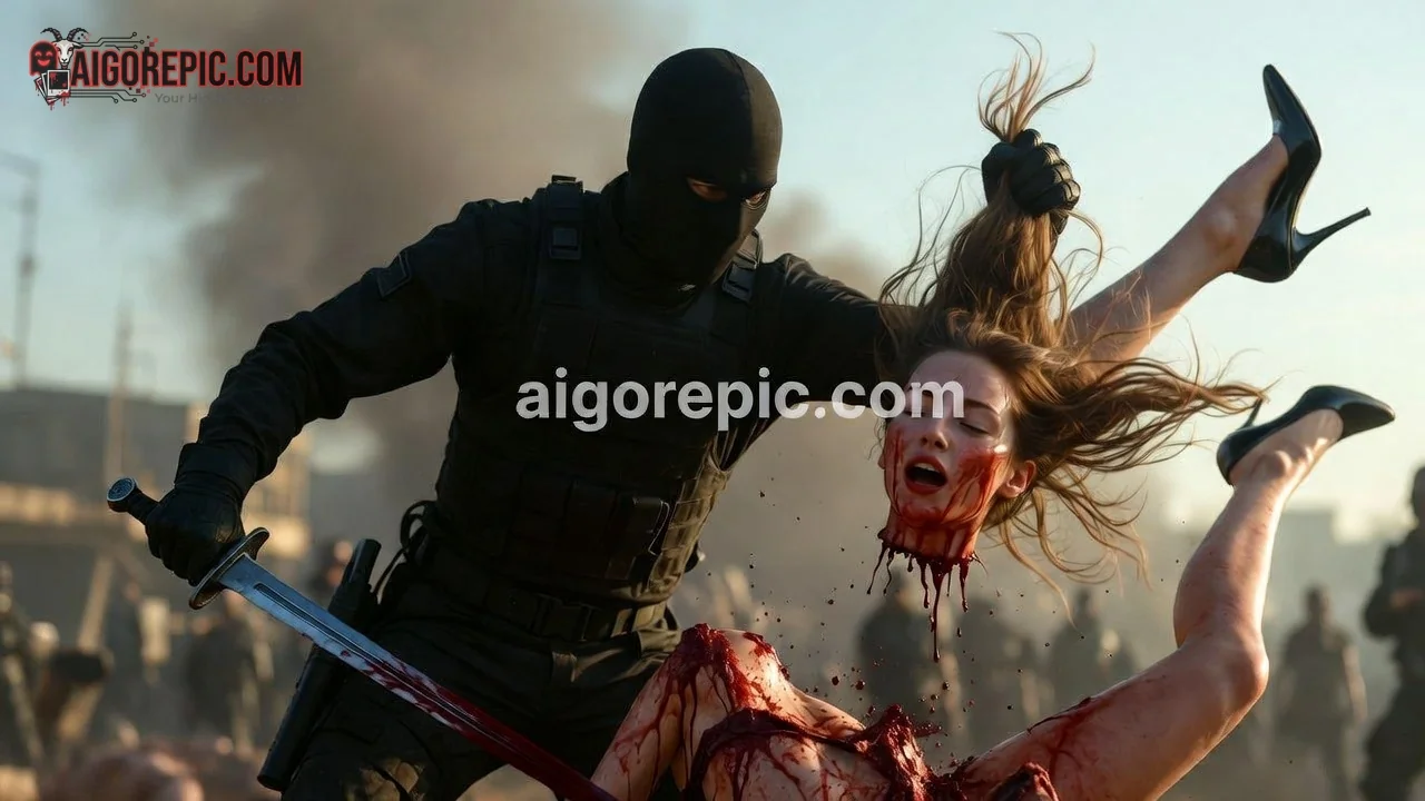 Masked Soldier Slashing Woman - AI Generated Horror