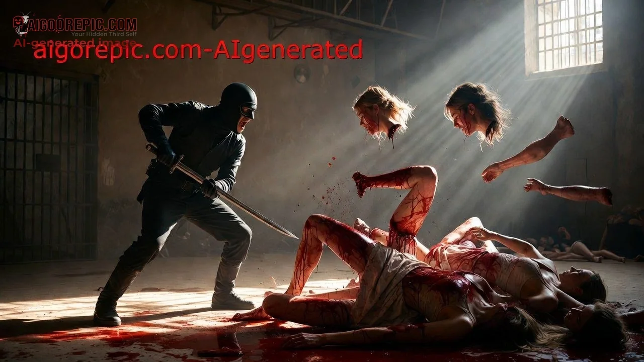Masked Swordsman Amid Bloody Victims - AI Generated Horror