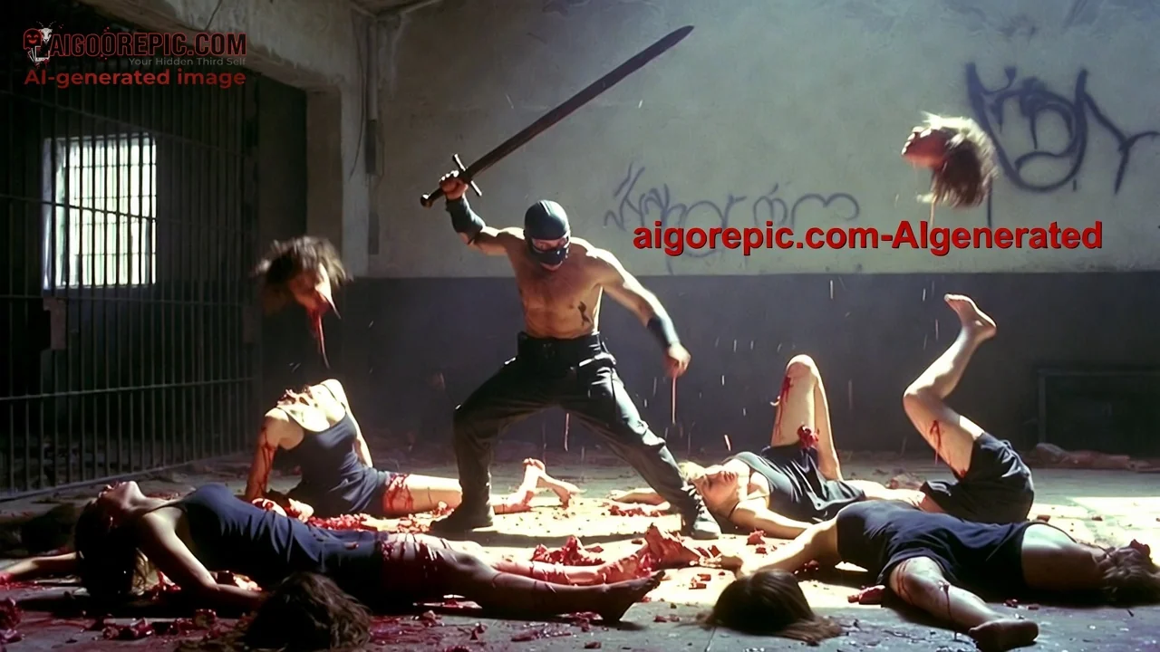 Masked Warrior Amidst Bloody Victims - AI Generated Horror