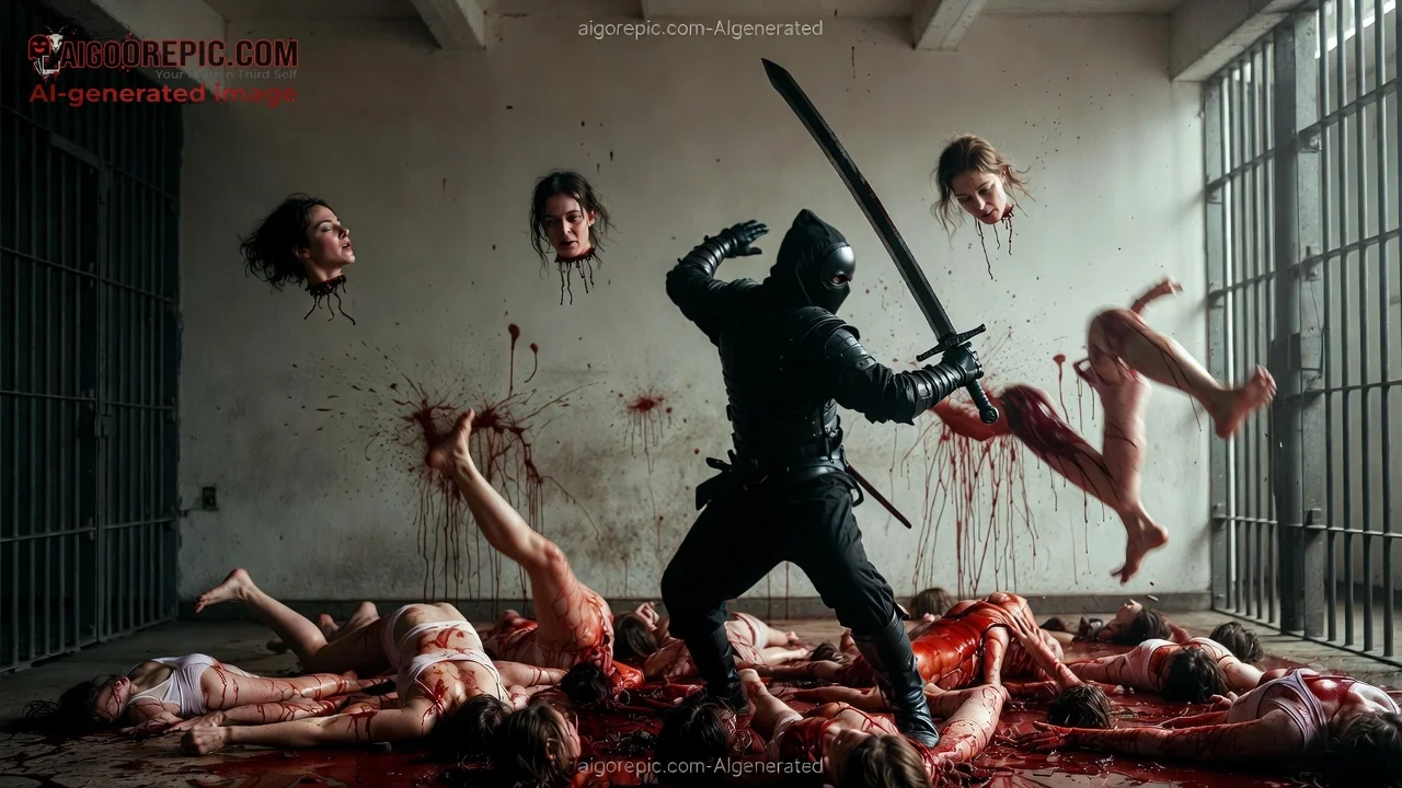 Ninja Amidst Severed Heads - AI Generated Horror