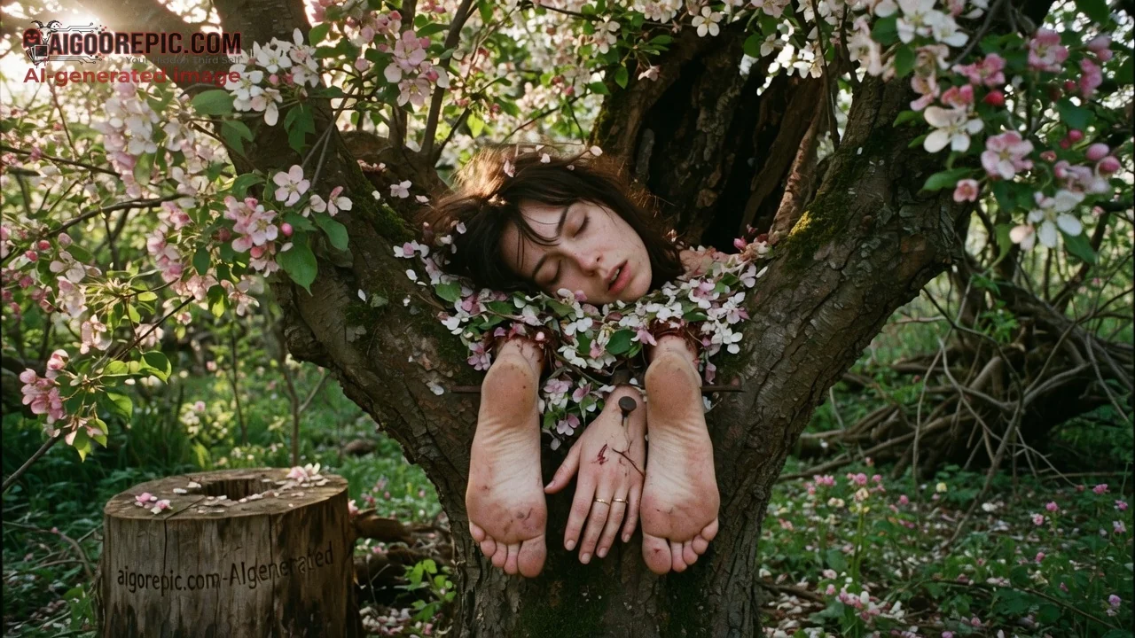 Nude Woman Bound in Blossoming Tree - AI Generated Horror