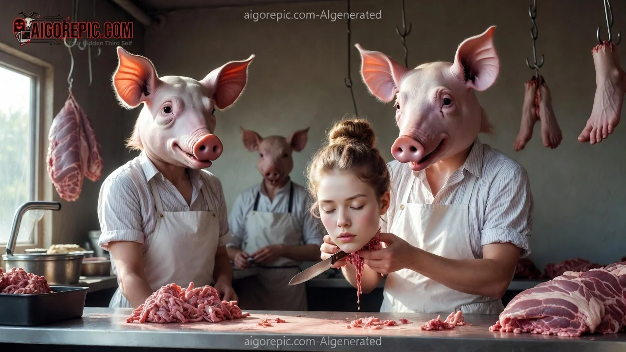 Pig-Headed Butchers Cutting Flesh - AI Generated Horror