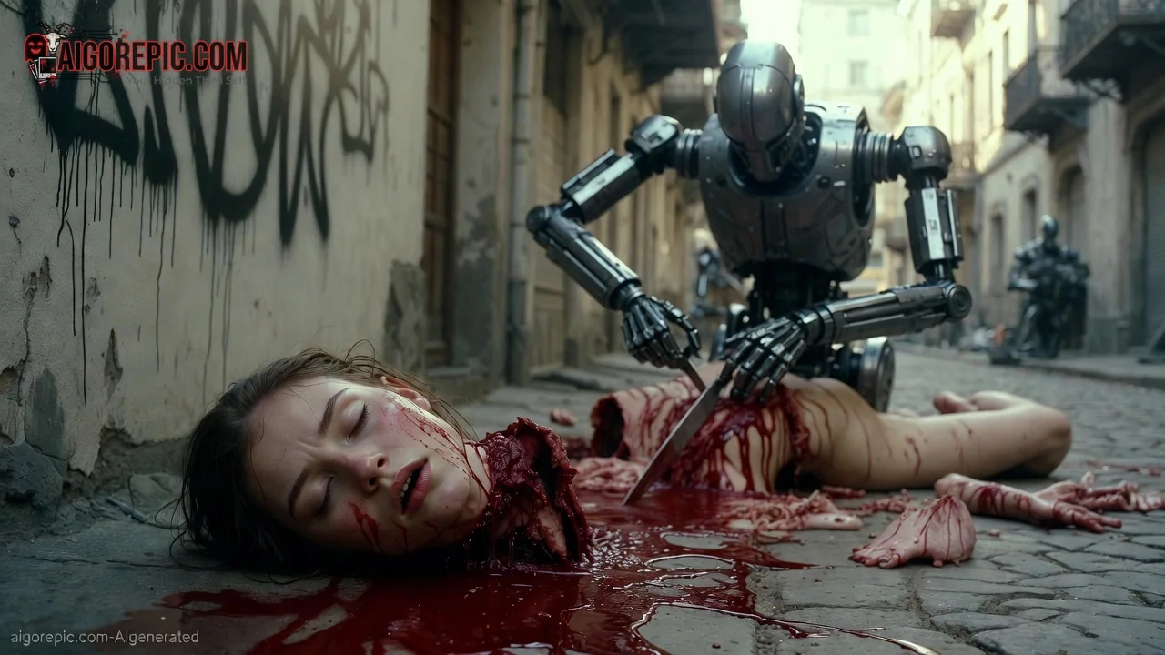 Robot Dismembering Woman Alley - AI Generated Horror