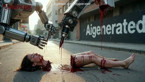 Robot Dismembering Woman on Street