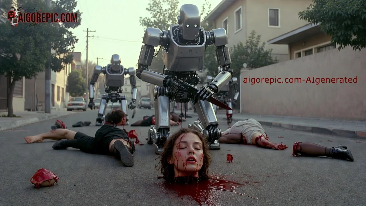 Robot Massacre on Suburban Street - AI Generated Horror