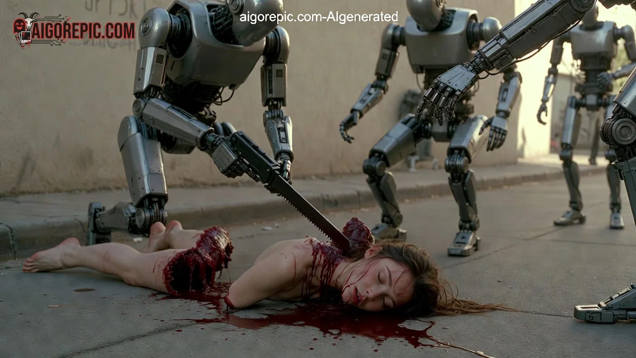 Robots Attack Fallen Woman - AI Generated Horror