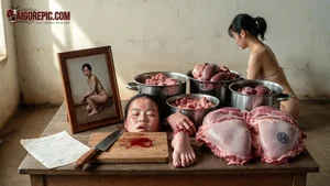 Severed Head Amid Butchered Meat