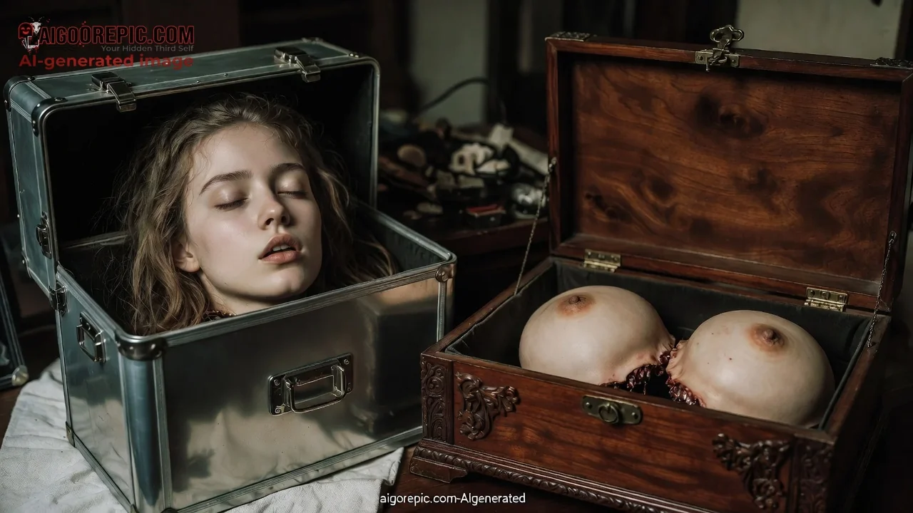 Severed Head and Breasts in Boxes - AI Generated Horror