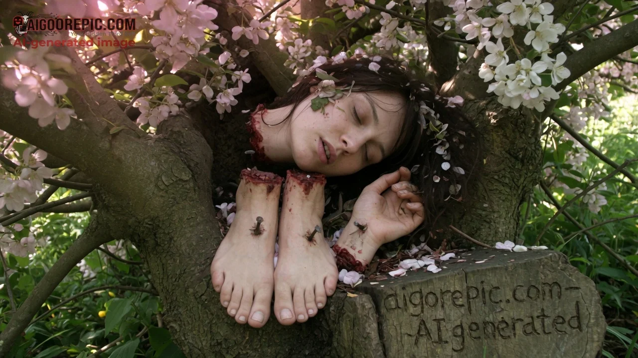 Severed Woman in Cherry Tree - AI Generated Horror