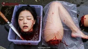 Severed Woman's Head in Blood Basin