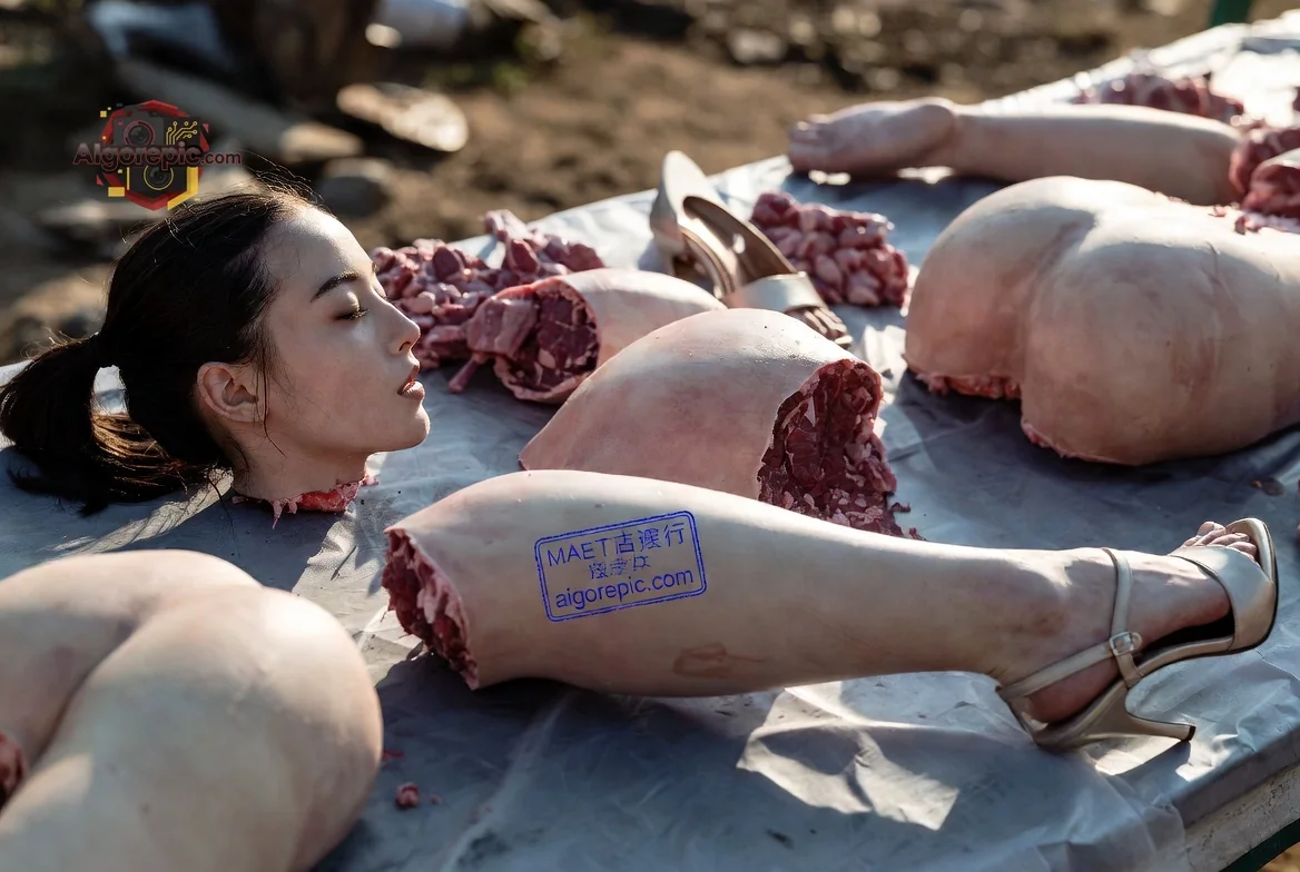 Woman Amidst Butchered Meat - AI Generated Horror