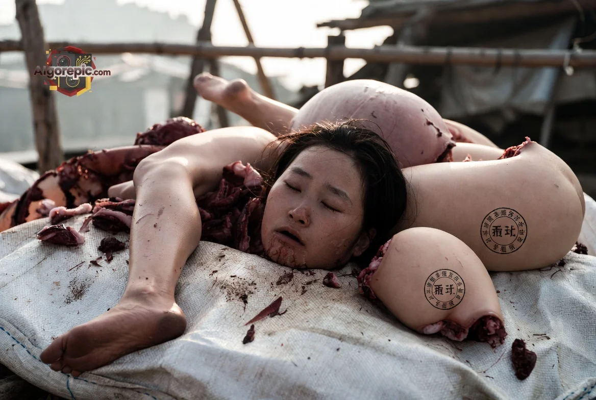 Woman Amidst Butchering Scene - AI Generated Horror