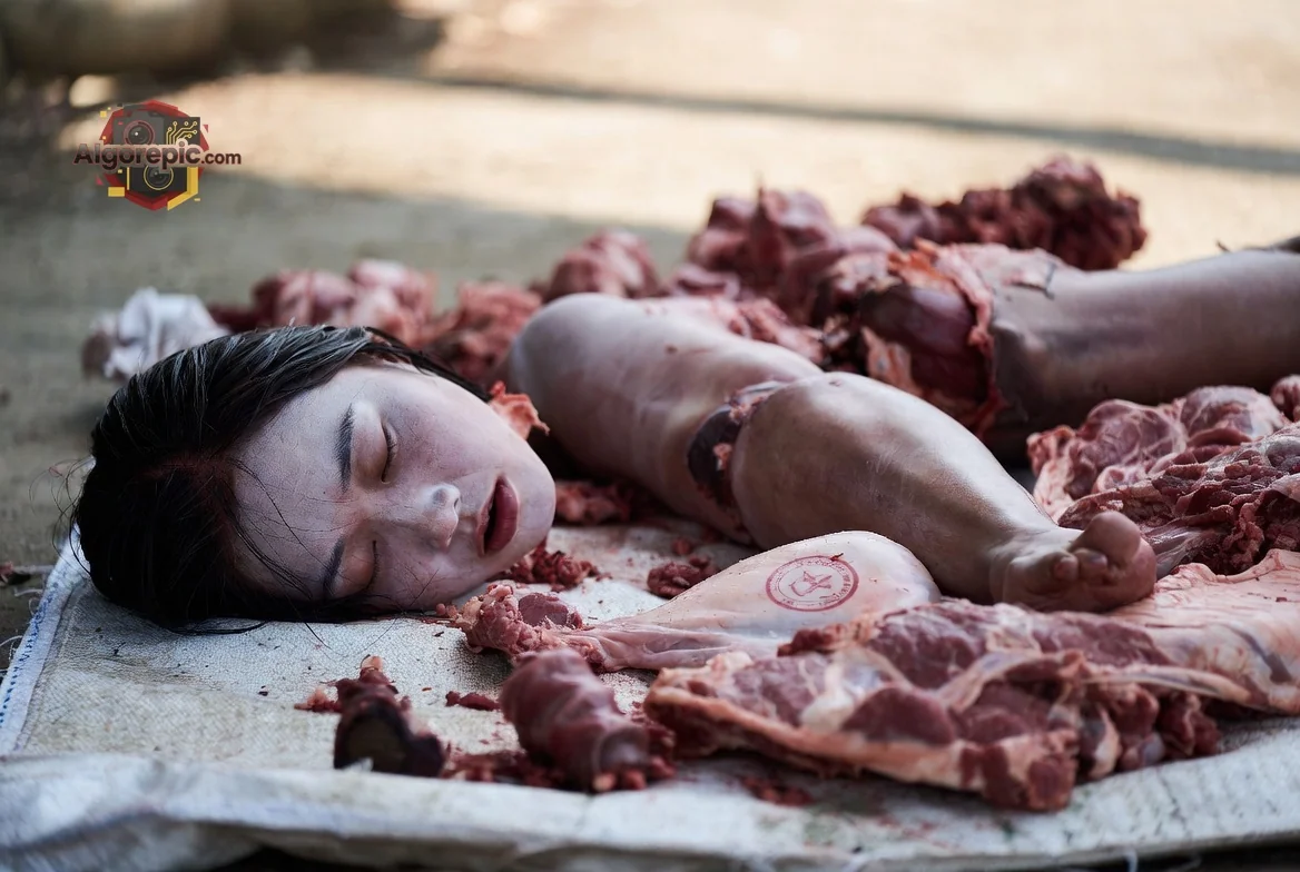Woman Amidst Raw Meat - AI Generated Horror