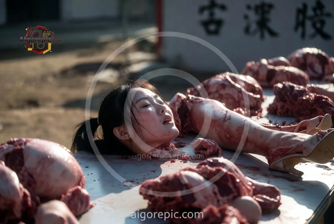 Woman Among Raw Meat - AI Generated Horror