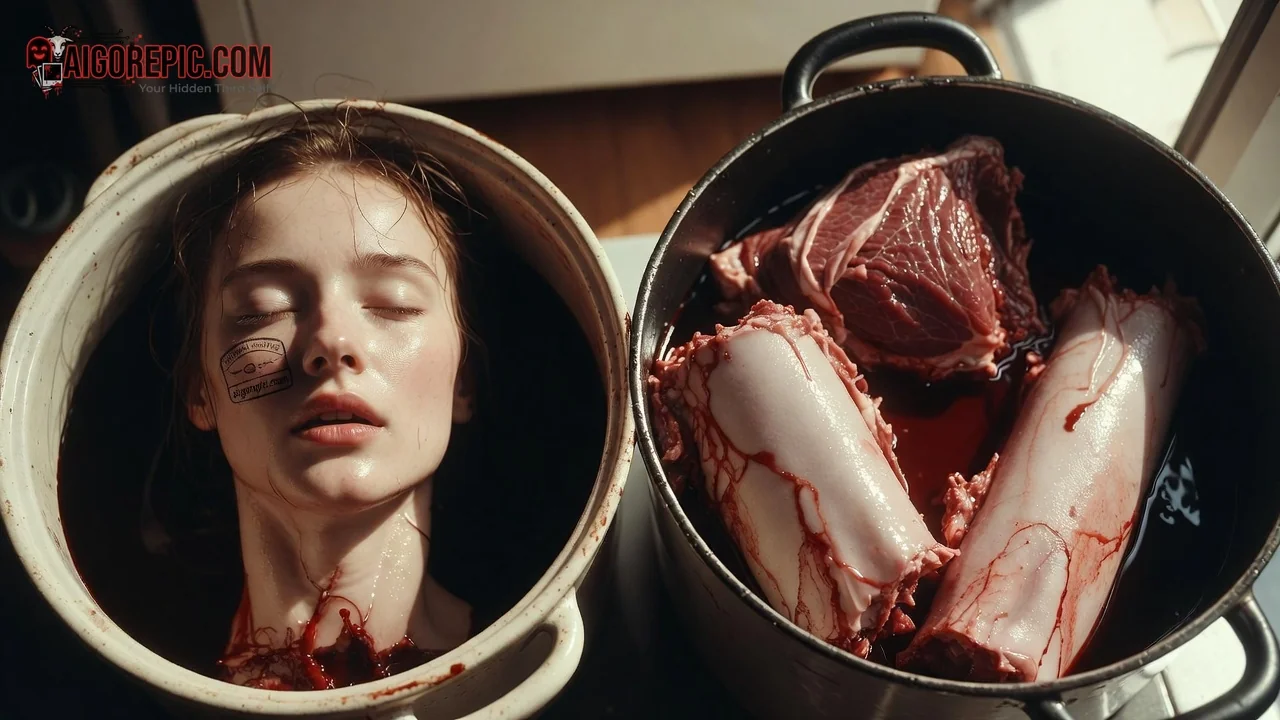Woman in Blood-Filled Pot - AI Generated Horror